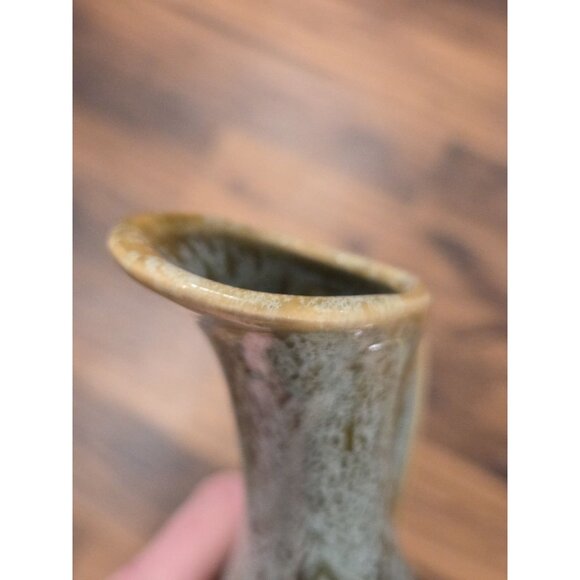 Vintage USA Drip Glaze Pottery Ewer Vase Olive Green Aqua MCM 9” Pitcher - Picture 6 of 9